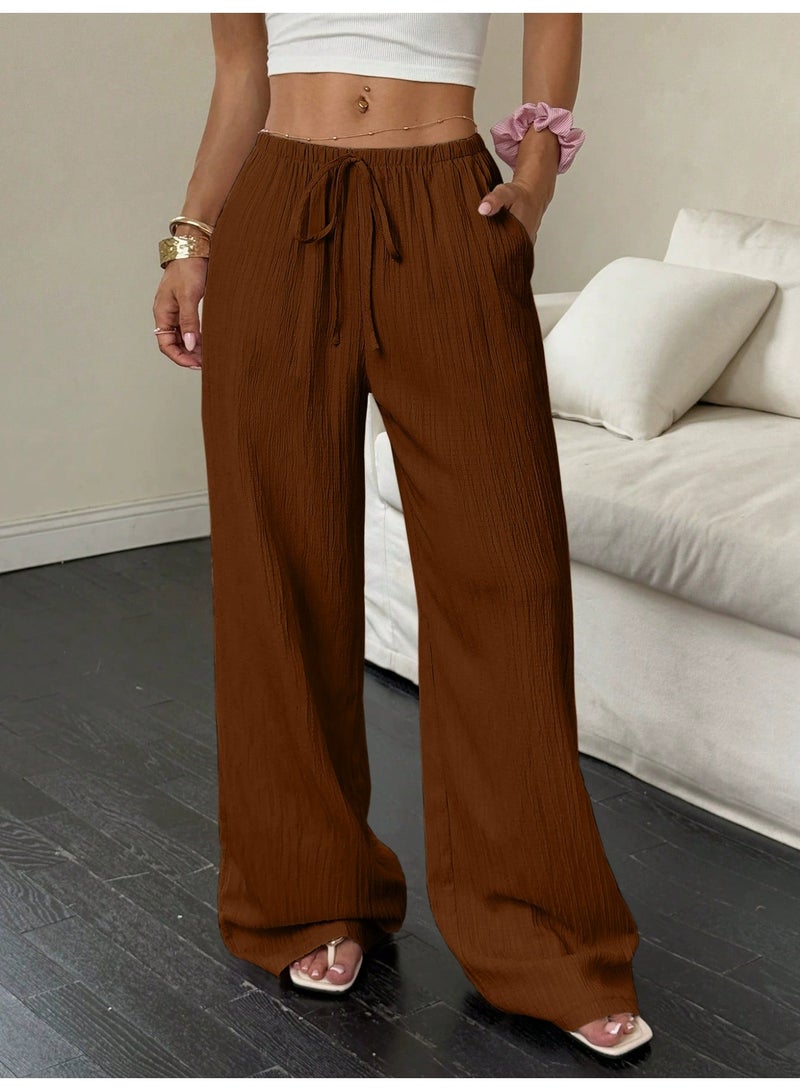 general 2025-2026 Women's casual solid-textured fabric knotted waist slant pocket wide-leg pants - Image 1