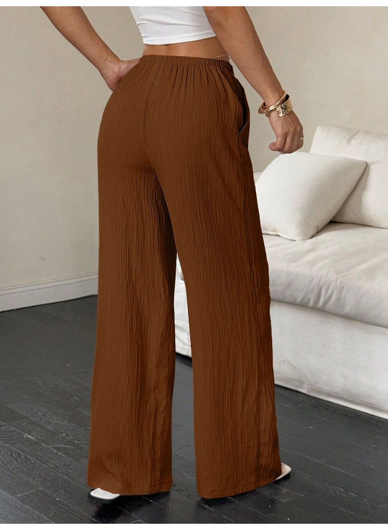 general 2025-2026 Women's casual solid-textured fabric knotted waist slant pocket wide-leg pants - Image 2
