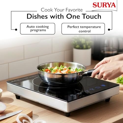 Surya Roshni Infrared Neo 2200W Electric Cooktop | Glass Top with Feather Touch Controls, 3 Preset Menu & Adjustable Power Mode | Includes S.S. Barbeque Accessories - Image 5