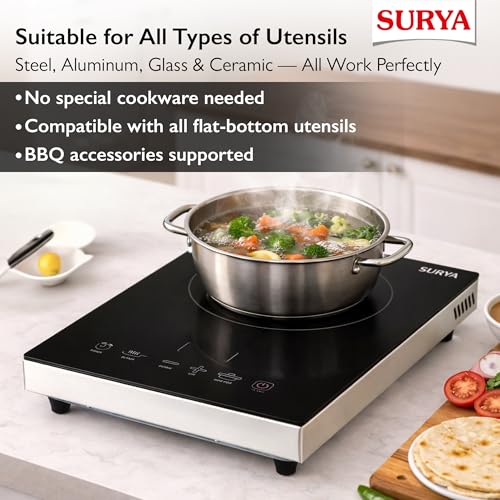 Surya Roshni Infrared Neo 2200W Electric Cooktop | Glass Top with Feather Touch Controls, 3 Preset Menu & Adjustable Power Mode | Includes S.S. Barbeque Accessories - Image 4