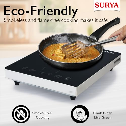 Surya Roshni Infrared Neo 2200W Electric Cooktop | Glass Top with Feather Touch Controls, 3 Preset Menu & Adjustable Power Mode | Includes S.S. Barbeque Accessories - Image 3
