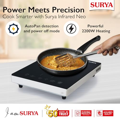 Surya Roshni Infrared Neo 2200W Electric Cooktop | Glass Top with Feather Touch Controls, 3 Preset Menu & Adjustable Power Mode | Includes S.S. Barbeque Accessories - Image 2