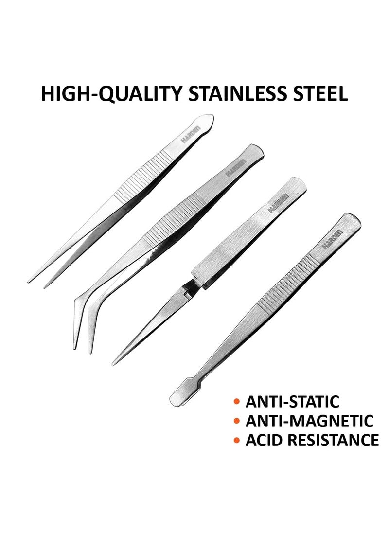 Harden Harden 4PCS Stainless Steel Tweezer Set Set includes Needle like Tip Reverse Action Bent Tip Straight Square Tip 660238  - Image 2