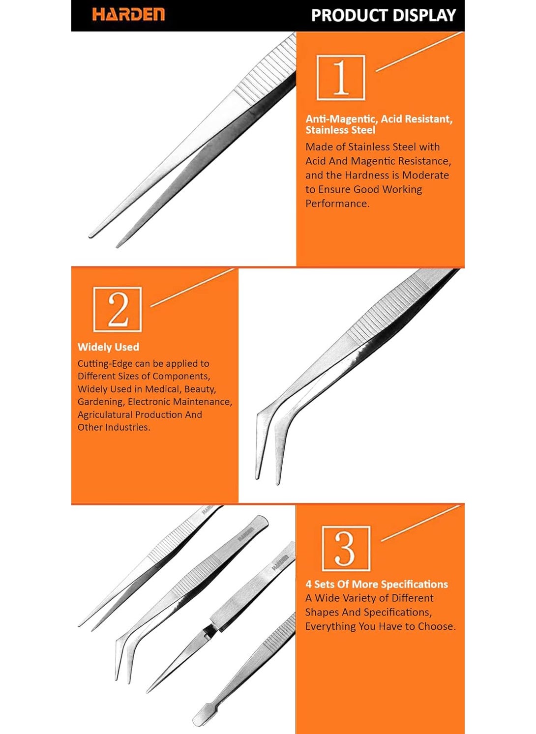 Harden Harden 4PCS Stainless Steel Tweezer Set Set includes Needle like Tip Reverse Action Bent Tip Straight Square Tip 660238  - Image 4