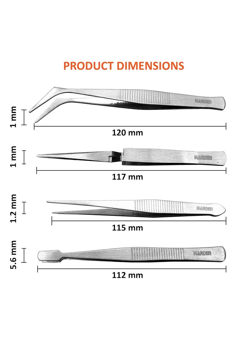 Harden Harden 4PCS Stainless Steel Tweezer Set Set includes Needle like Tip Reverse Action Bent Tip Straight Square Tip 660238  - Image 3