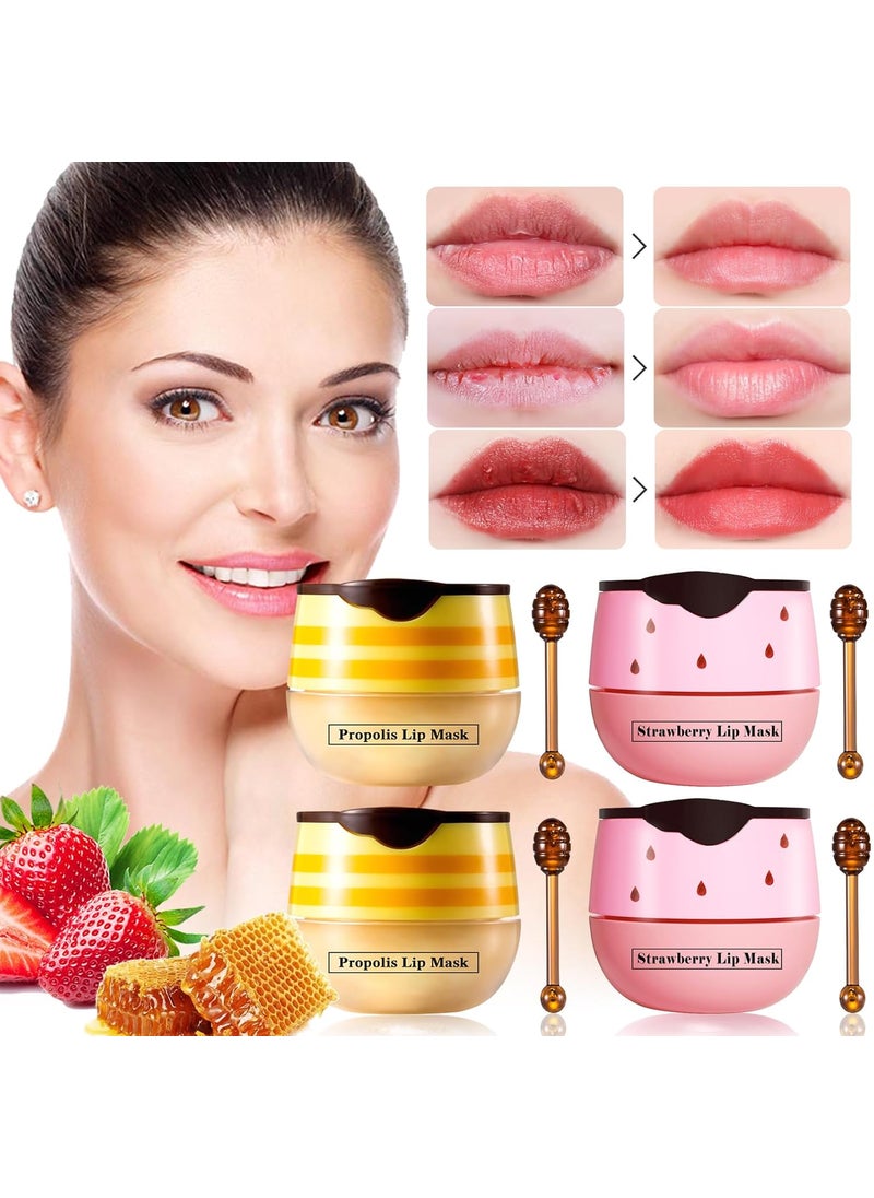 LSxia 4 PCS Honey Lip Balm Honey Pot Strawberry  Honey Lip Mask Reduces Lip Lines Hydrate  Moisturizing Lip Skin Care Prevention Dry Cracked Lips Honey Lip Balm for Lip Repair Treatment 