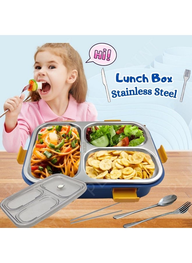PLUSPOINT Bento Lunch Box Insulated Air Tight Lunch Box And Portable Utensils, Stainless Steel Lunch Containers, Leak Proof Bento Box For Kids, Adults, Men Women (3 Compartment-Blue), 750Ml - Image 3
