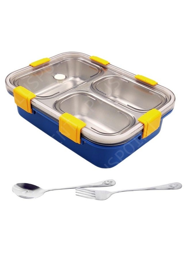 PLUSPOINT Bento Lunch Box Insulated Air Tight Lunch Box And Portable Utensils, Stainless Steel Lunch Containers, Leak Proof Bento Box For Kids, Adults, Men Women (3 Compartment-Blue), 750Ml - Image 1