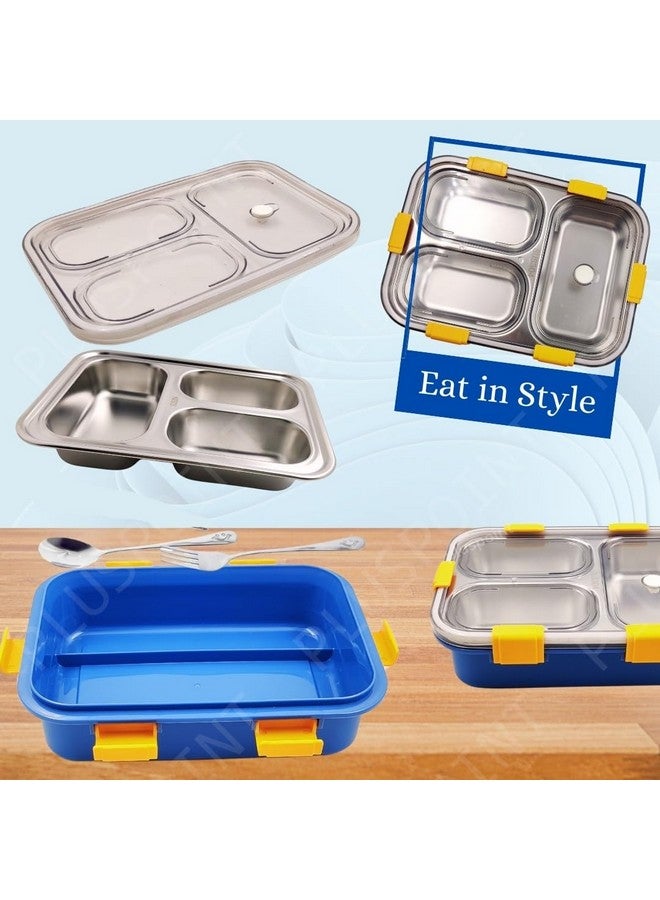 PLUSPOINT Bento Lunch Box Insulated Air Tight Lunch Box And Portable Utensils, Stainless Steel Lunch Containers, Leak Proof Bento Box For Kids, Adults, Men Women (3 Compartment-Blue), 750Ml - Image 2