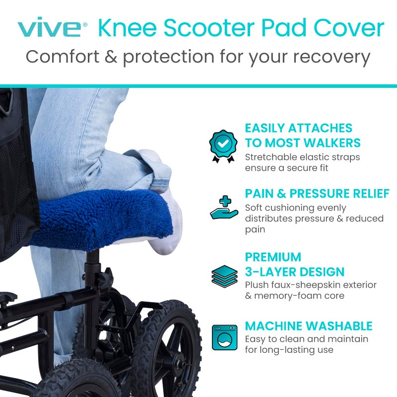 Vive Mobility Knee Scooter Pad Cover - Soft Plush Adult Sheepskin Memory Foam Cushion, Walker Accessory for Knee Roller, Padded Accessories Leg Cart Improves Comfort with Injury, Universal Fit (Blue) - Image 2