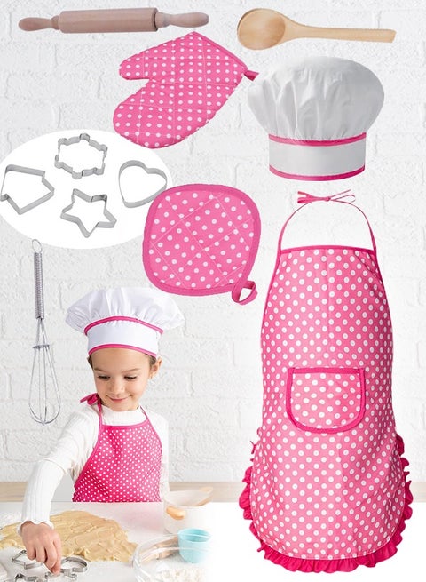 11-Piece Polka Dot Kids Kitchen Cooking Play With Apron And Chef Hat Set Kitchen Toy Set for Kid, Cooking Pretend Play Kitchen Set Costume Dress Up Chef Outfit 40x38x2cm
