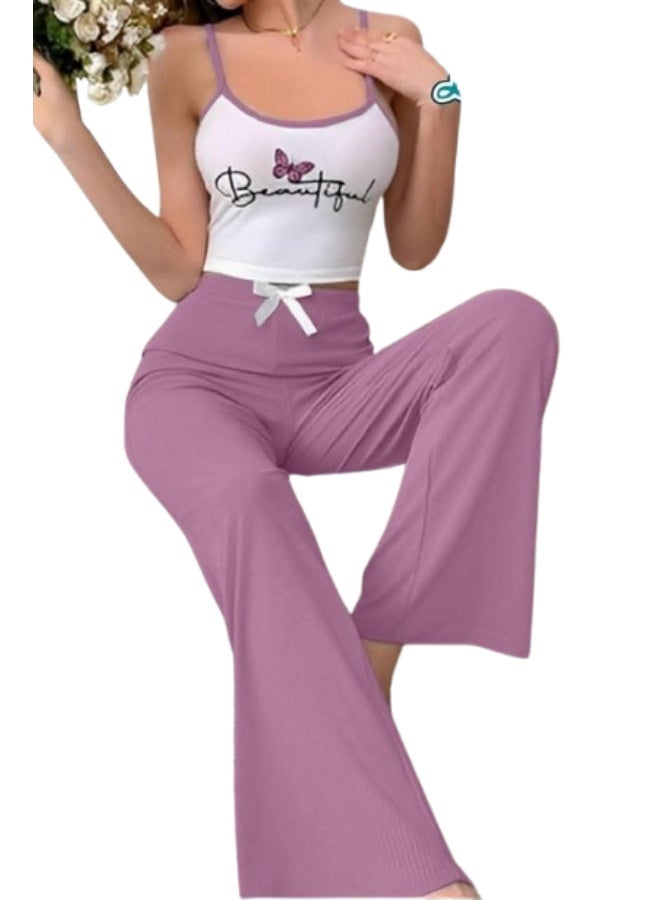 بيجامة نسائي قطن ريب مضلع -  موديلات عصرية (توب حمالات مع بنطلون+شورت) - Image 1