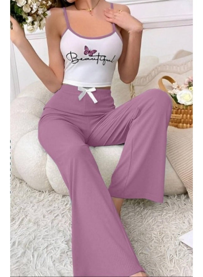 بيجامة نسائي قطن ريب مضلع -  موديلات عصرية (توب حمالات مع بنطلون+شورت) - Image 2