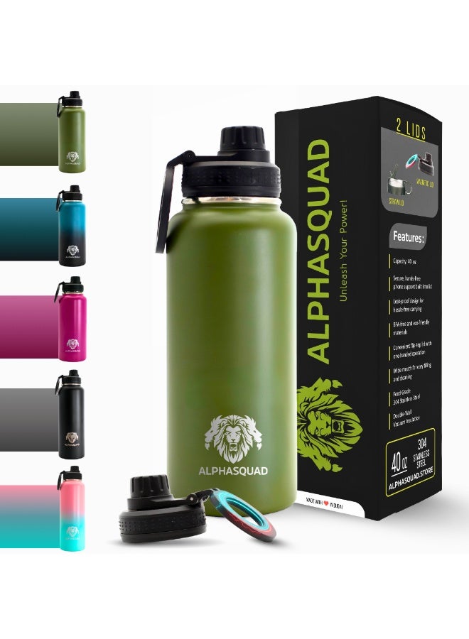 ألفاسكواد زجاجة مياه ALPHASQUAD سعة 40 أونصة / 1200 مل مع حامل هاتف مغناطيسي، زجاجات مياه من الفولاذ المقاوم للصدأ متوافقة مع حامل الهاتف وحامل ثلاثي القوائم لأجهزة iPhone، كوب معزول بجدار مزدوج للصالة الرياضية والرياضة (زيتوني) - Image 1