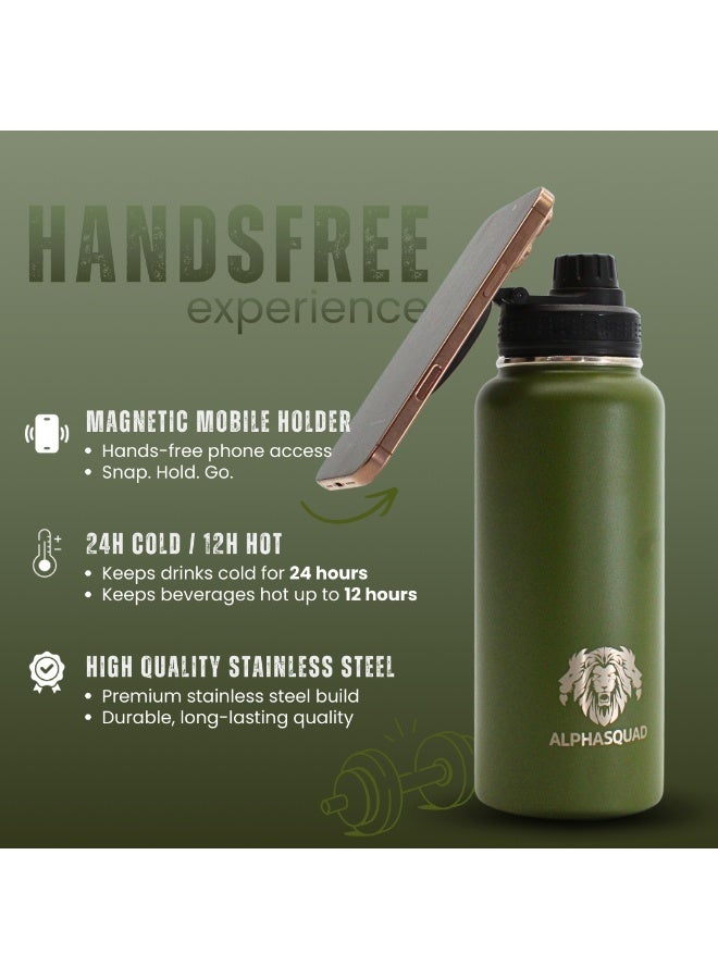 ألفاسكواد زجاجة مياه ALPHASQUAD سعة 40 أونصة / 1200 مل مع حامل هاتف مغناطيسي، زجاجات مياه من الفولاذ المقاوم للصدأ متوافقة مع حامل الهاتف وحامل ثلاثي القوائم لأجهزة iPhone، كوب معزول بجدار مزدوج للصالة الرياضية والرياضة (زيتوني) - Image 5