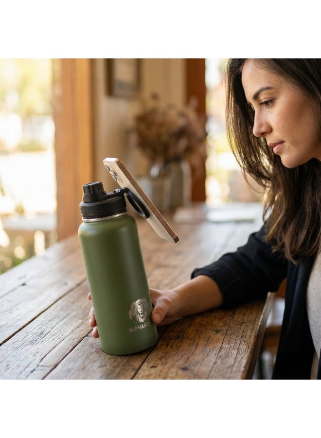 ألفاسكواد زجاجة مياه ALPHASQUAD سعة 40 أونصة / 1200 مل مع حامل هاتف مغناطيسي، زجاجات مياه من الفولاذ المقاوم للصدأ متوافقة مع حامل الهاتف وحامل ثلاثي القوائم لأجهزة iPhone، كوب معزول بجدار مزدوج للصالة الرياضية والرياضة (زيتوني) - Image 4