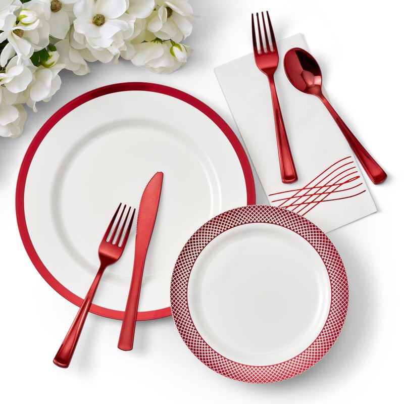 By Madee HEAVYWEIGHT 175 Pc White and Red Plates for Party  Elegant Disposable Dinnerware Set for Wedding Showers  High Style Low Maintenance 25 Guests