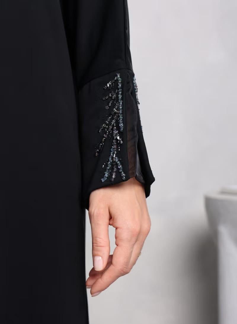 Nikias Black Nida Abaya with pleats & Buttons on Bottom & sleeves - Image 2