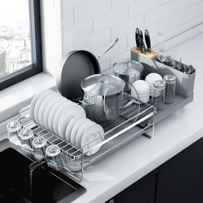 Kitsure Large Dish Drying Rack - Extendable Dish Rack, Multifunctional Dish Rack for Kitchen Counter, Anti-Rust Dish Drainers with Cutlery & Cup Holders 19.2"-26.7" L x 12.9" W, Sliver - Image 1