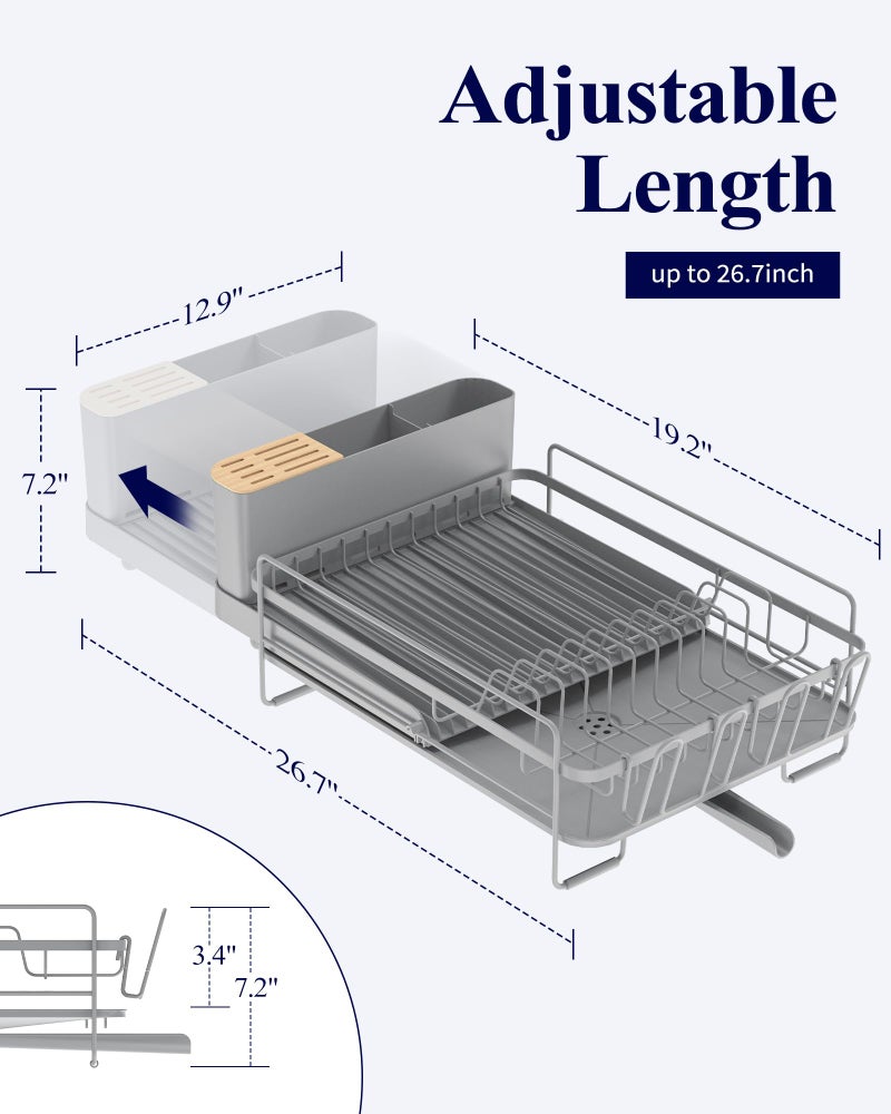 Kitsure Large Dish Drying Rack - Extendable Dish Rack, Multifunctional Dish Rack for Kitchen Counter, Anti-Rust Dish Drainers with Cutlery & Cup Holders 19.2"-26.7" L x 12.9" W, Sliver - Image 2