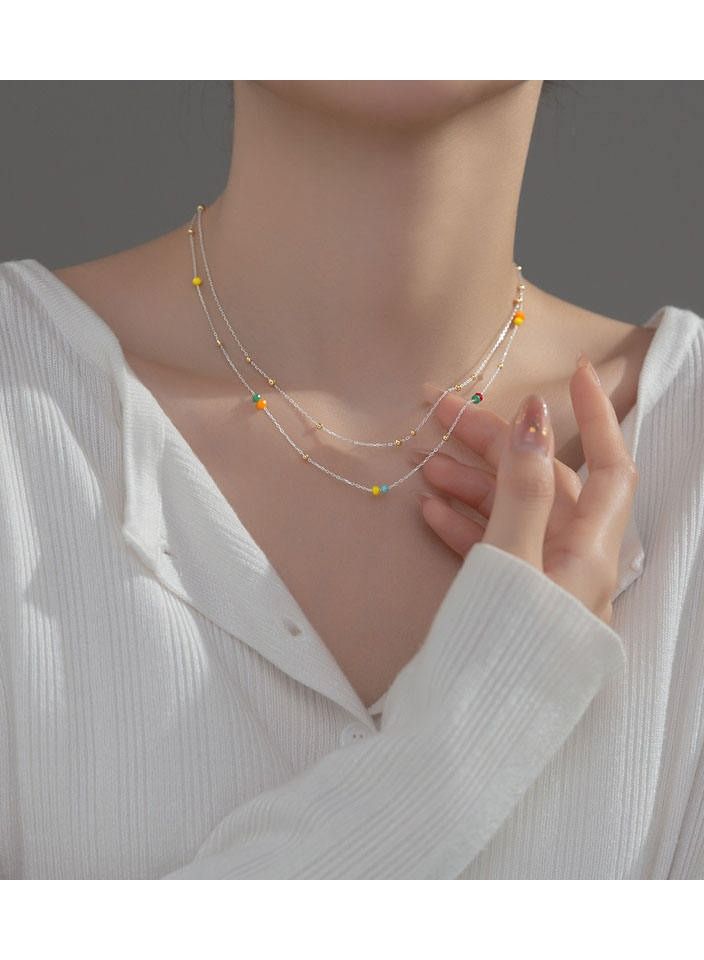 Luxury Bee Colorful Beaded Double Layer Silver Sterling 925 Minimalist Necklace