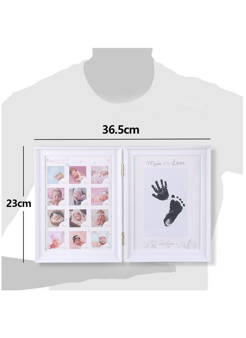 Baby Hand and Footprint Kit Framed Photo Anniversary Growth Record Gifts Reusable Ink Cartridge Frame Foldable White