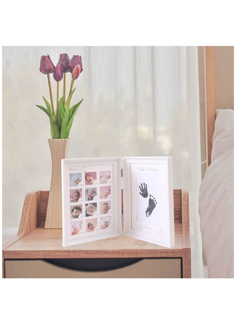 Baby Hand and Footprint Kit Framed Photo Anniversary Growth Record Gifts Reusable Ink Cartridge Frame Foldable White