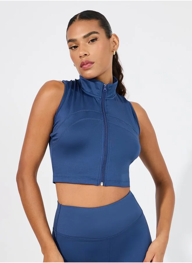 Styli Overall Tonal Stitch Detail Zip Up Longline Sport Bra & Flared Leggings Set