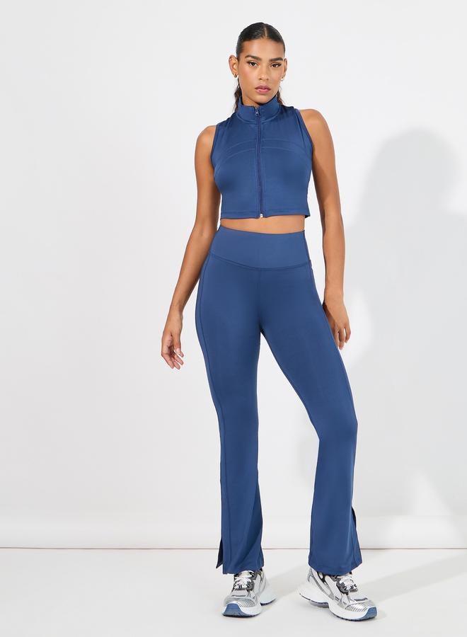 Styli Overall Tonal Stitch Detail Zip Up Longline Sport Bra & Flared Leggings Set - Image 1