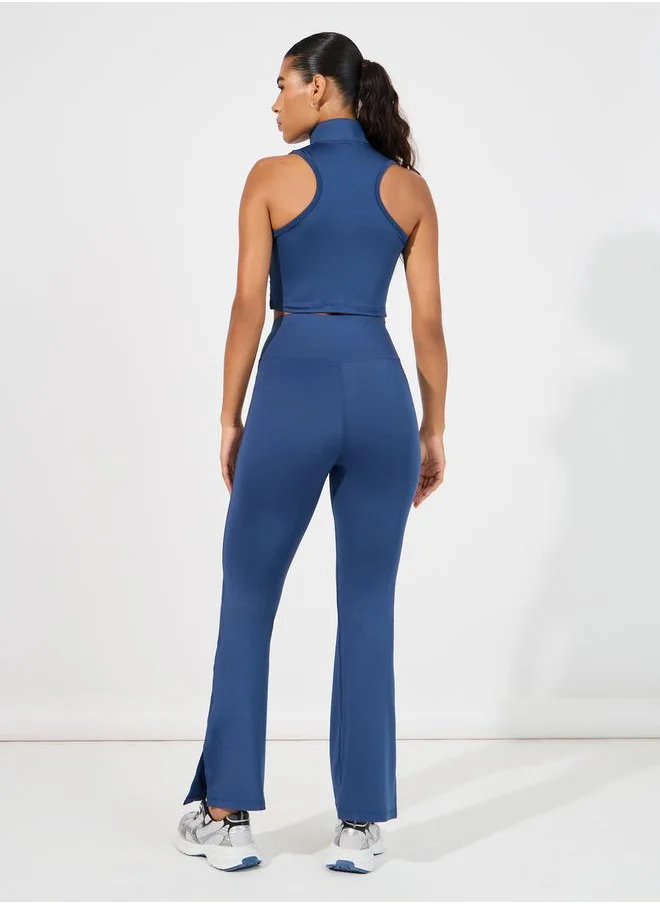 Styli Overall Tonal Stitch Detail Zip Up Longline Sport Bra & Flared Leggings Set