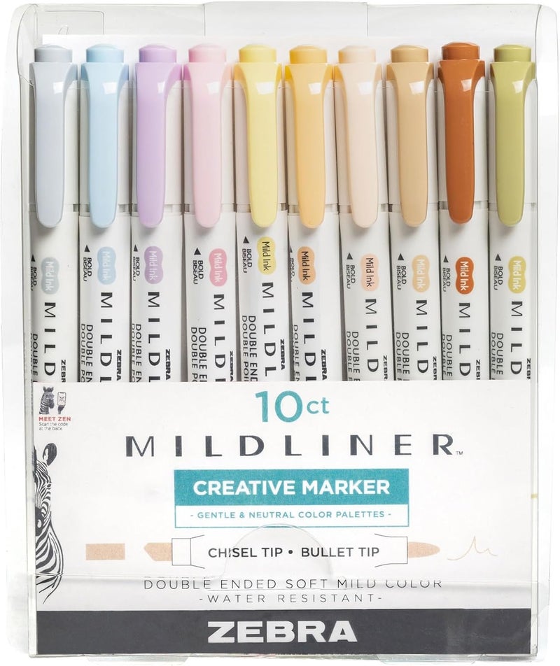 Zebra Pen Mildliner Double-Ended Highlighter Set, Chisel And Bullet Point Tips, No Bleed Bible Assorted Neutral And Gentle Ink Colors, 10-Pack, Model Number: 78701 - Image 1