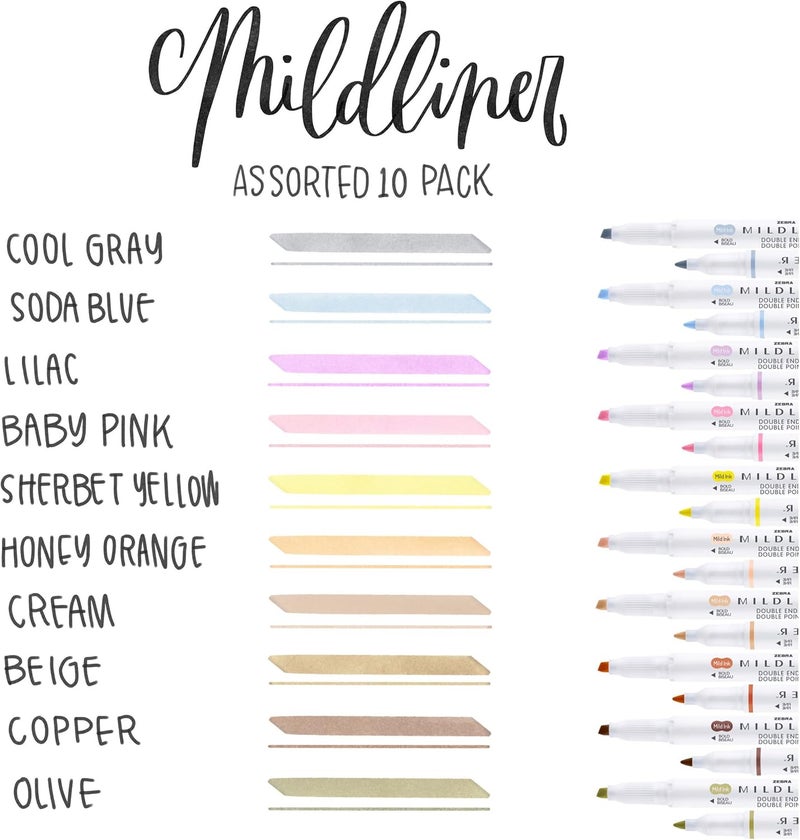 Zebra Pen Mildliner Double-Ended Highlighter Set, Chisel And Bullet Point Tips, No Bleed Bible Assorted Neutral And Gentle Ink Colors, 10-Pack, Model Number: 78701 - Image 3