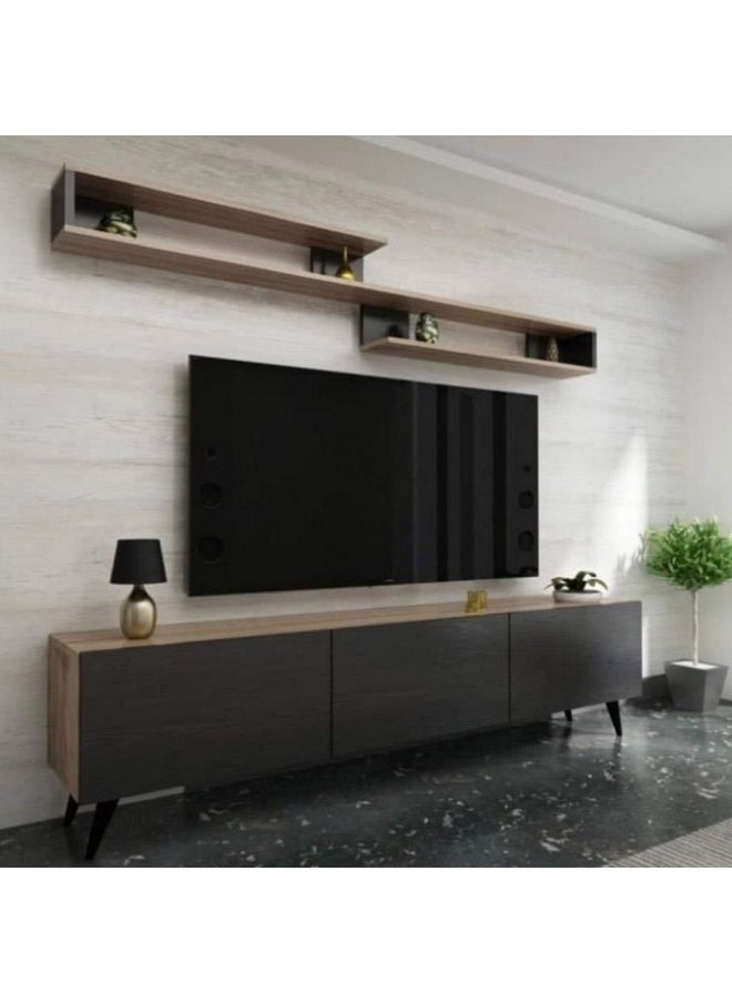 Homzmart MDF and Swedish Wood Tv Unit Set 2 Pieces - Grey and Brown  - Image 1