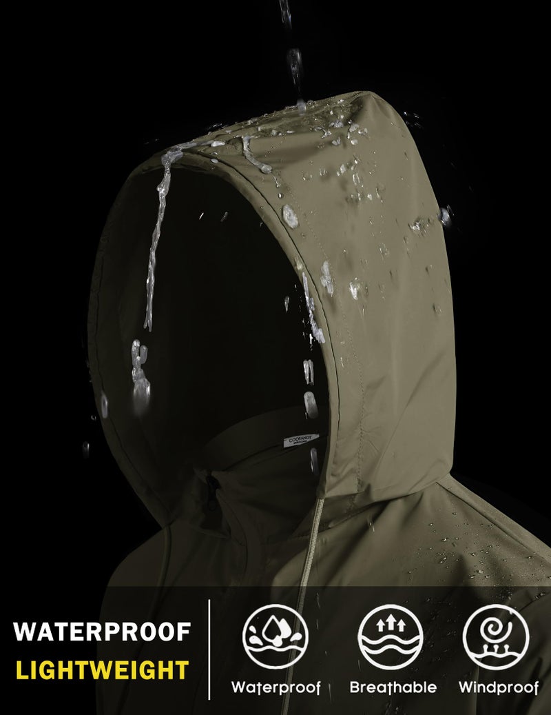 COOFANDY Rain Jacket Men Waterproof Lightweight Packable Rain Coat Raincoats with Hoodie Army Green Medium - Image 2