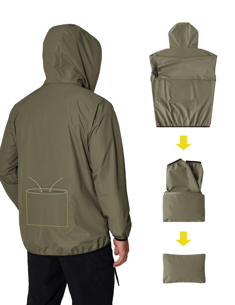 COOFANDY Rain Jacket Men Waterproof Lightweight Packable Rain Coat Raincoats with Hoodie Army Green Medium - Image 3