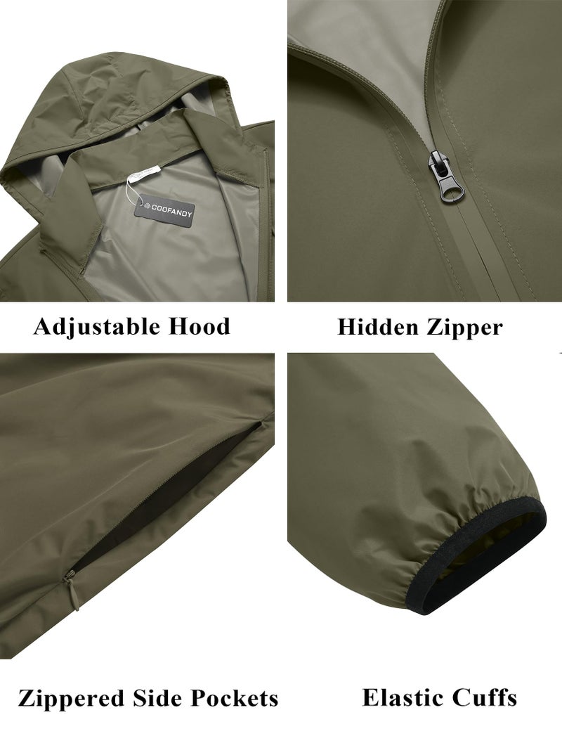 COOFANDY Rain Jacket Men Waterproof Lightweight Packable Rain Coat Raincoats with Hoodie Army Green Medium - Image 4