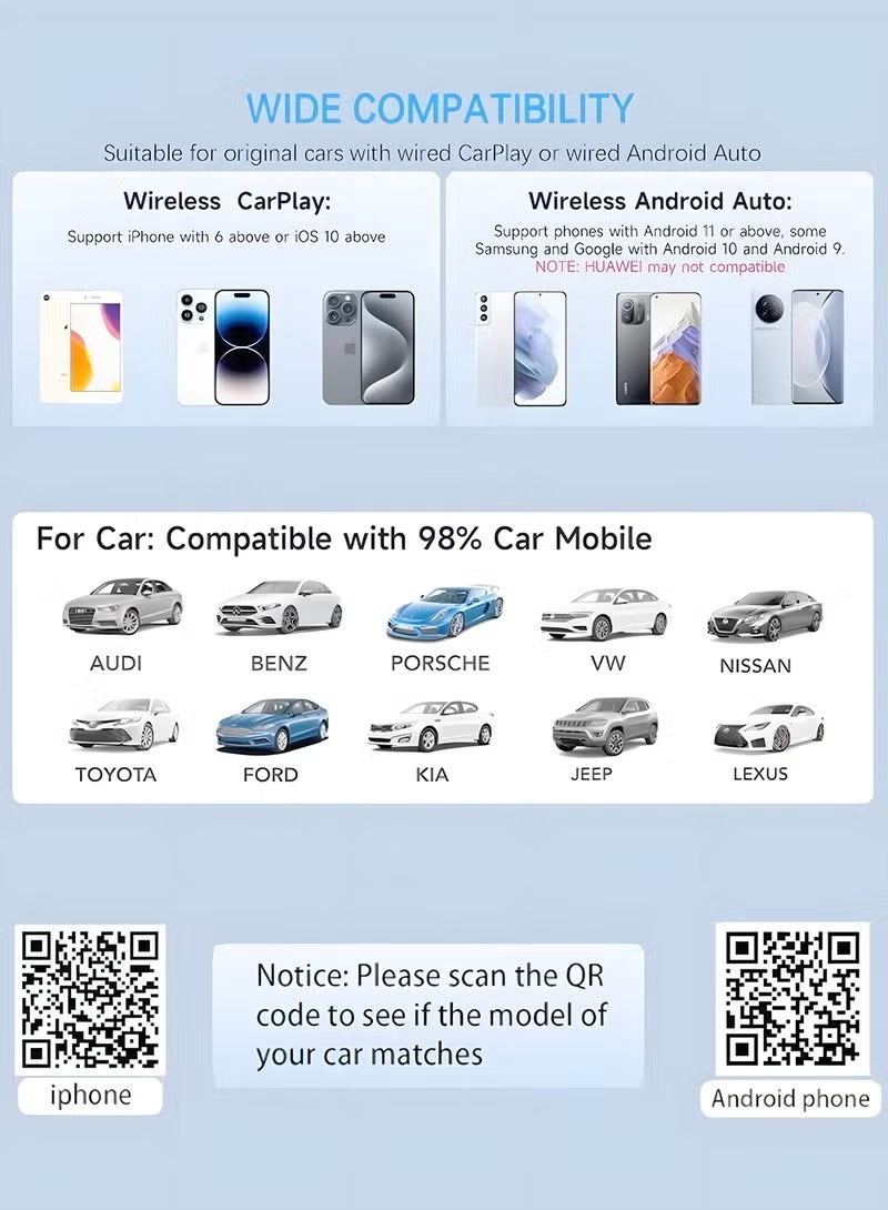 كافيلي محول كار بلاي لاسلكي لأجهزة iPhone وAndroid، التوصيل والتشغيل التلقائي، تحويل السلكي إلى محول كار بلاي لاسلكي من Apple، بلوتوث 5.2 و5.8 جيجاهرتز بدون تأخير، تحكم مستقر، مع USB-C وType-C - Image 3