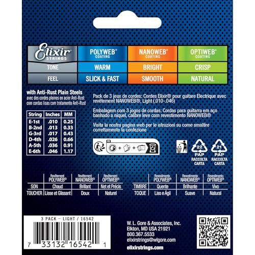 Elixir Strings, Electric Guitar Strings, Nickel Plated Steel with NANOWEB Coating, Longest-Lasting Bright Tone with Comfortable Feel, 6 String Set, 3 Pack, Light 10-46 - Image 2