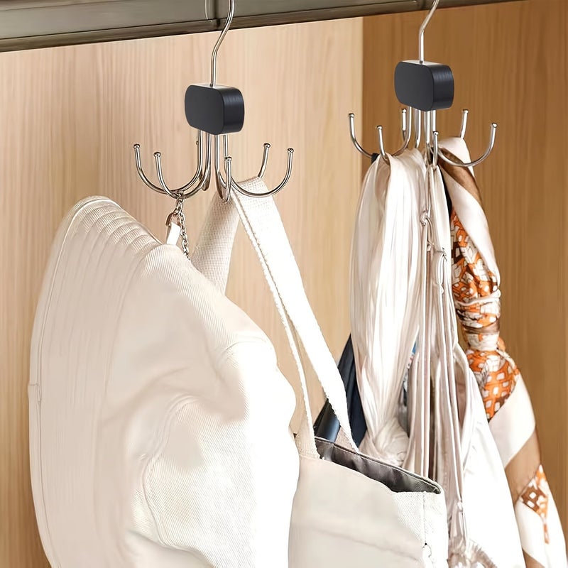2 Piece Burlywood Belt Hanger For Wardrobe Closet 360 Degree Rotatable Organizer Holder 6 Hooks Space Saving Tie Rack Metal And Wood Storage Accessories - Image 1