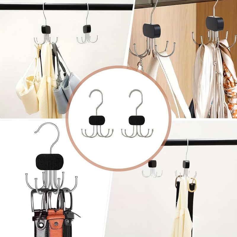 2 Piece Burlywood Belt Hanger For Wardrobe Closet 360 Degree Rotatable Organizer Holder 6 Hooks Space Saving Tie Rack Metal And Wood Storage Accessories - Image 5