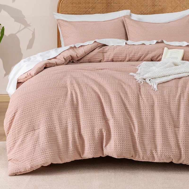 PHF 2 Piece Twin Waffle Weave Comforter Set, Soft Breathable Lightweight Textured Bedding, Set includes 1x Comforter (173 cm x 229 cm) + 1x Pillow Sham (51 cm x 66 cm), Rose Pink - Image 1