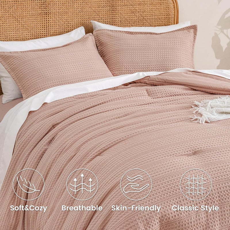 PHF 2 Piece Twin Waffle Weave Comforter Set, Soft Breathable Lightweight Textured Bedding, Set includes 1x Comforter (173 cm x 229 cm) + 1x Pillow Sham (51 cm x 66 cm), Rose Pink - Image 4