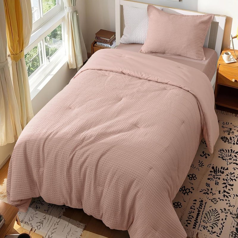 PHF 2 Piece Twin Waffle Weave Comforter Set, Soft Breathable Lightweight Textured Bedding, Set includes 1x Comforter (173 cm x 229 cm) + 1x Pillow Sham (51 cm x 66 cm), Rose Pink - Image 5
