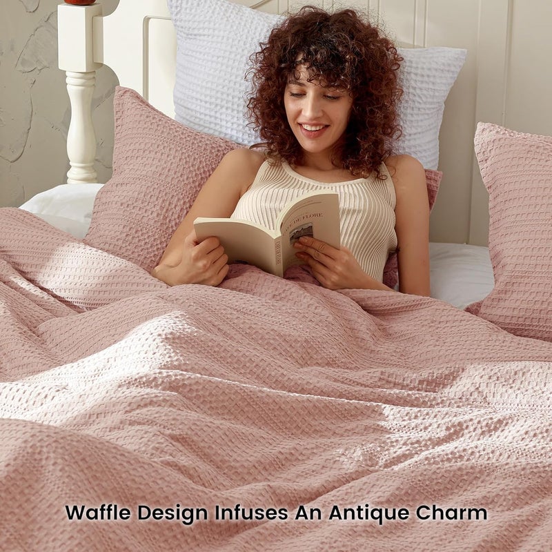 PHF 2 Piece Twin Waffle Weave Comforter Set, Soft Breathable Lightweight Textured Bedding, Set includes 1x Comforter (173 cm x 229 cm) + 1x Pillow Sham (51 cm x 66 cm), Rose Pink - Image 2