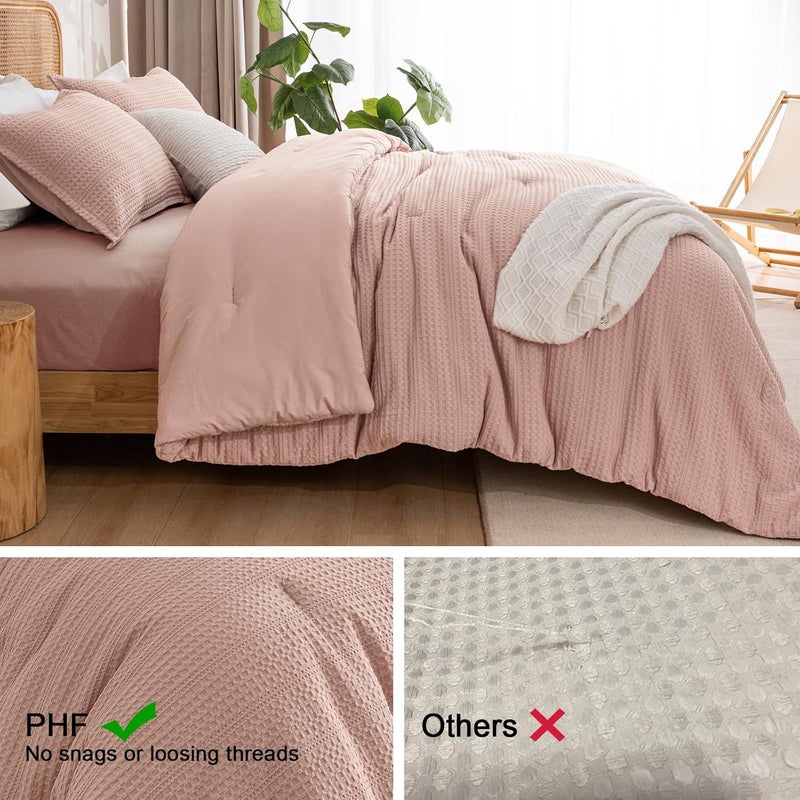 PHF 2 Piece Twin Waffle Weave Comforter Set, Soft Breathable Lightweight Textured Bedding, Set includes 1x Comforter (173 cm x 229 cm) + 1x Pillow Sham (51 cm x 66 cm), Rose Pink - Image 3