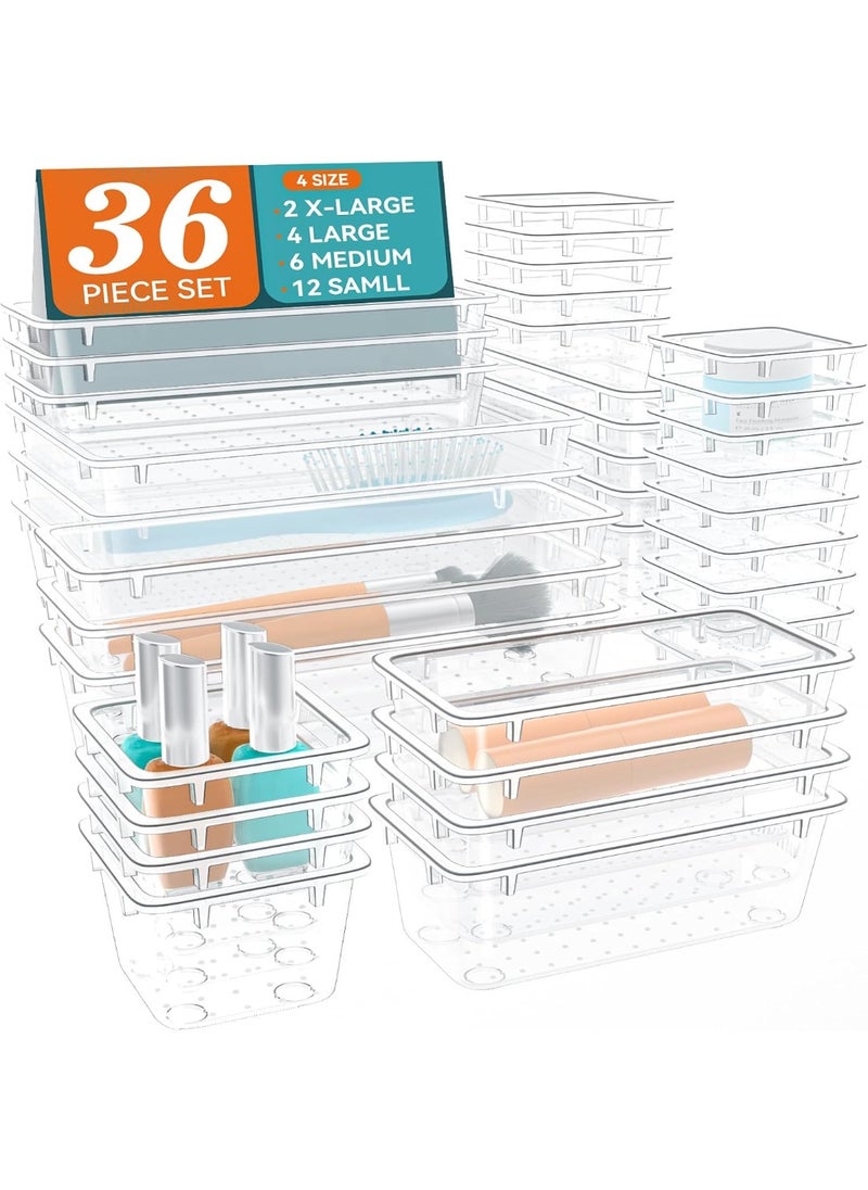 KITCHENOO 36 Piece Drawer Organizer Set, 4 Sizes Storage Drawer Units, Clear Plastic Makeup Organizer and Storage Boxes for Makeup, Stationery, and Multi-Tools for Bathroom, Office, and Bedroom  - Image 1