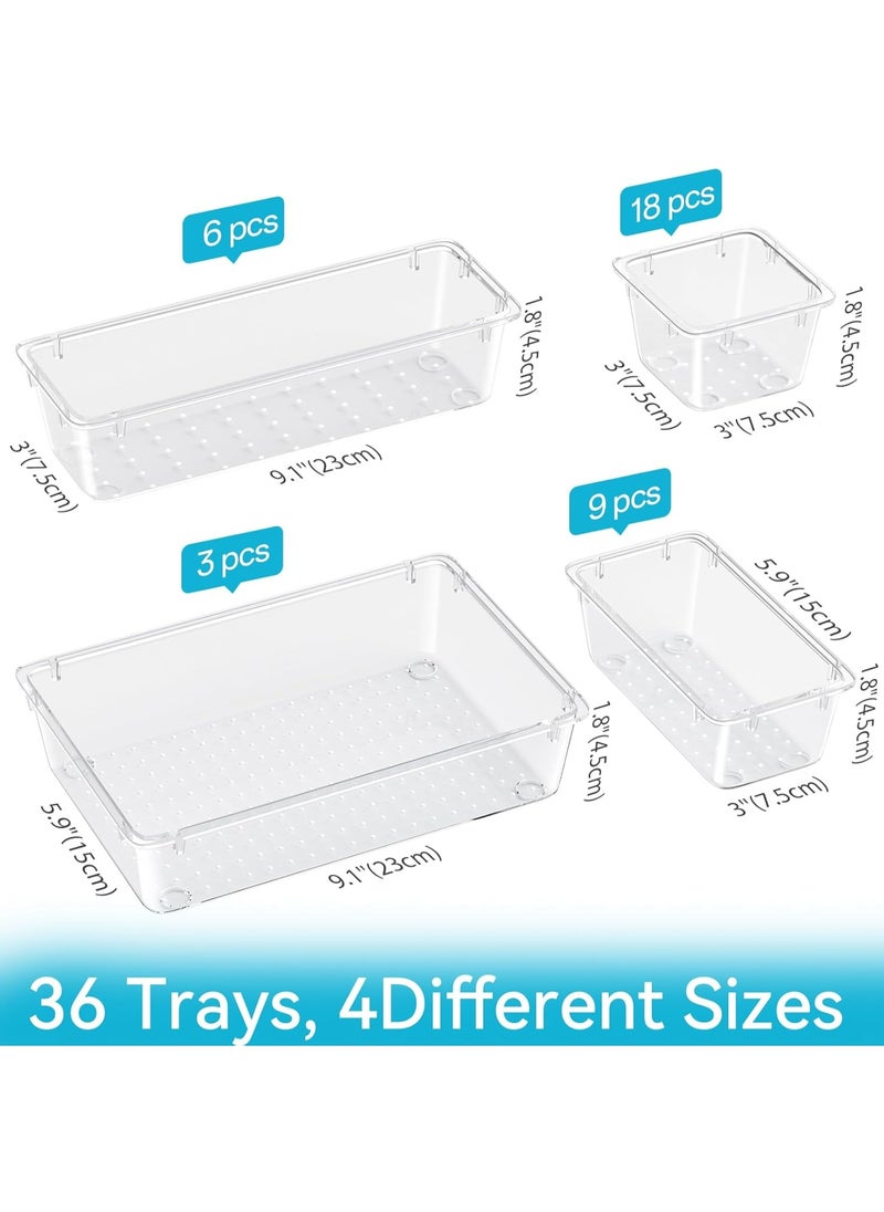 KITCHENOO 36 Piece Drawer Organizer Set, 4 Sizes Storage Drawer Units, Clear Plastic Makeup Organizer and Storage Boxes for Makeup, Stationery, and Multi-Tools for Bathroom, Office, and Bedroom  - Image 2