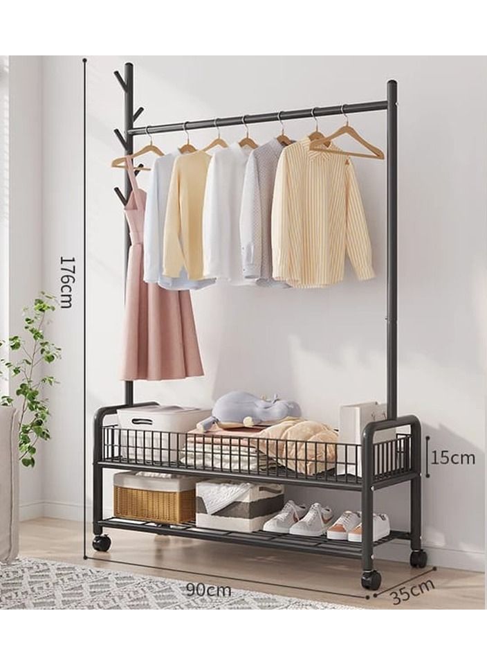 Rolling Clothes Rack, Metal Clothes Hanging Garment Rack, Heavy Duty Indoor Bedroom Clothes Coat Stand Shoes Rack with Top Rod and Lower Storage Shelf Coat Rack - Image 2