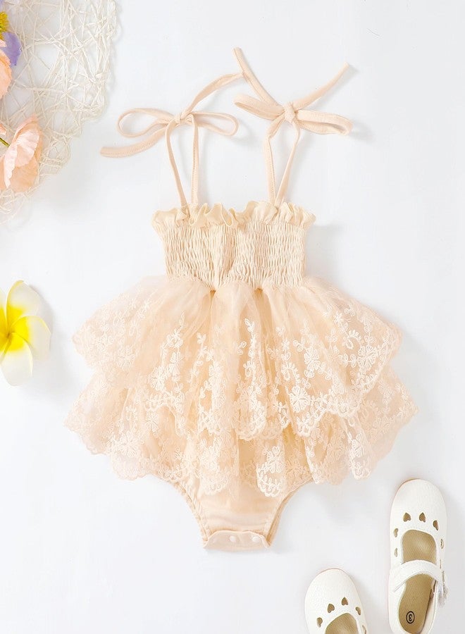 MERSARIPHY Newborn Baby Girl Summer Outfit Sleeveless Ruffle Smocked Halter Tulle Romper Dress One-piece Jumpsuit Clothes(Beige Embroidery,6-12 Months) - Image 2