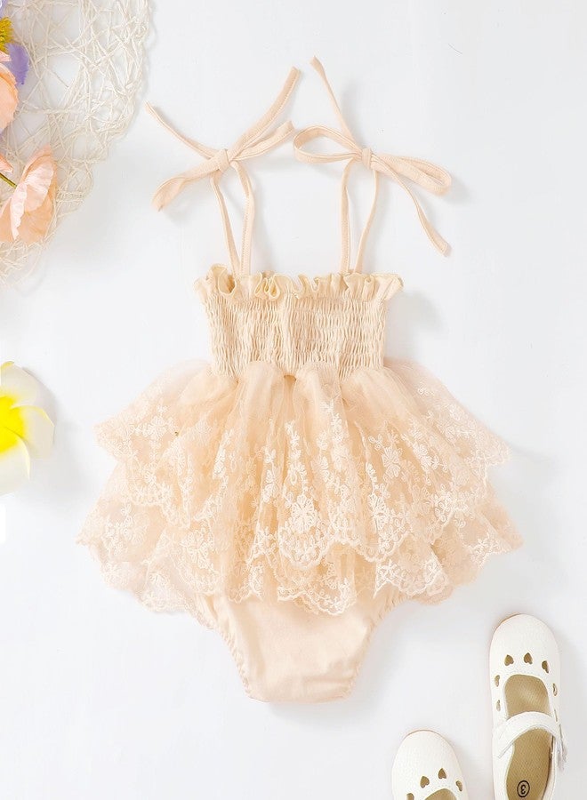 MERSARIPHY Newborn Baby Girl Summer Outfit Sleeveless Ruffle Smocked Halter Tulle Romper Dress One-piece Jumpsuit Clothes(Beige Embroidery,6-12 Months) - Image 3